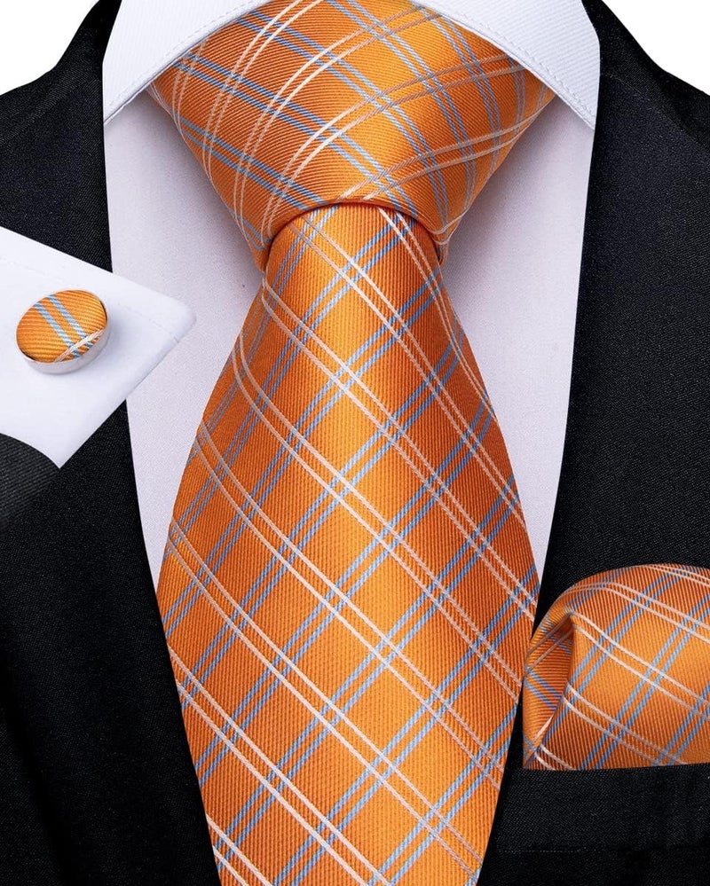 DiBanGu Silk Zipper Ties for Men,Paisley Solid Plaid Pre-tied Tie and Pocket Square Cufflinks Set Formal Adjustable Necktie - Image 3